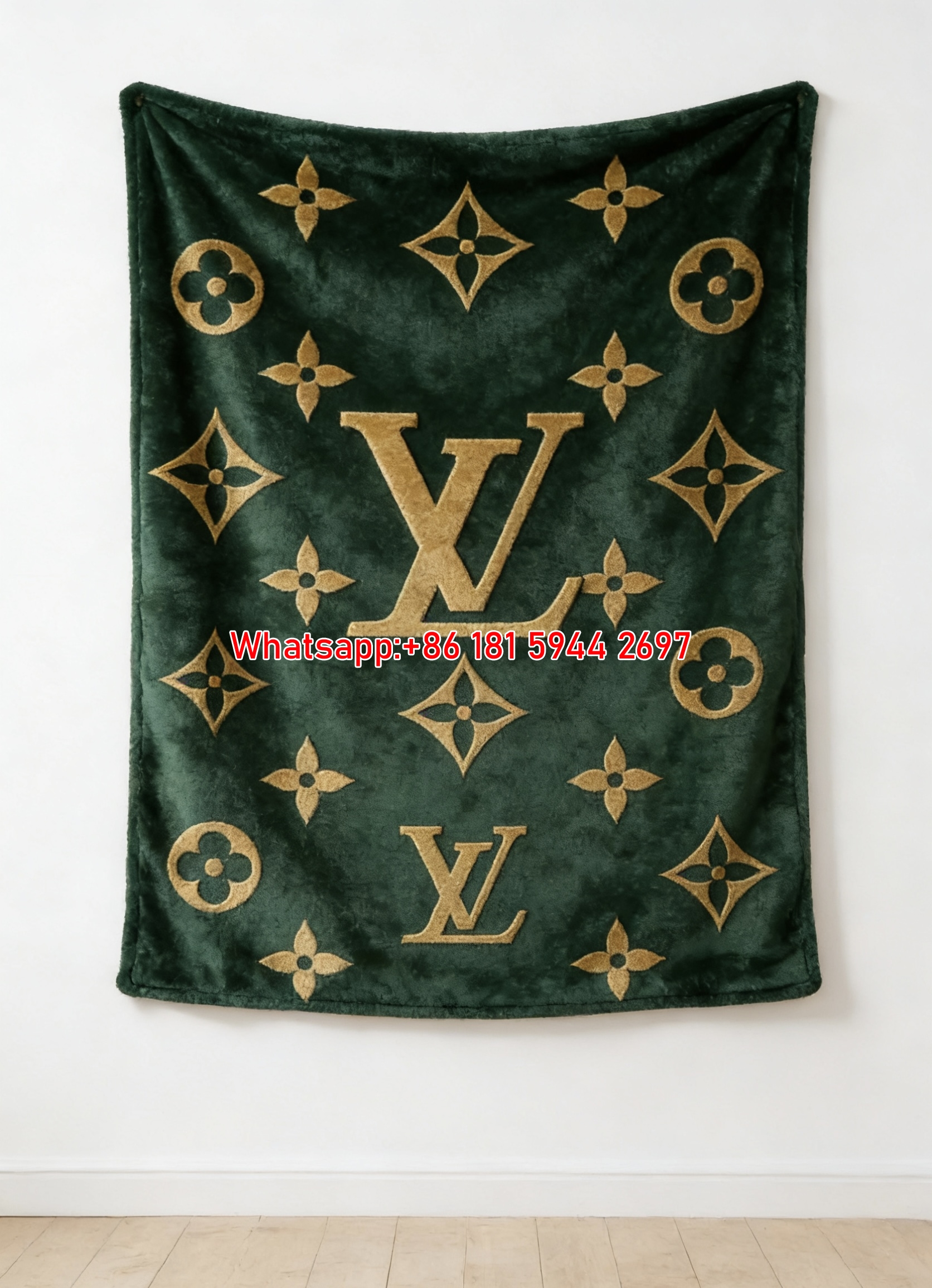 Green LV Monogram Flannel Blanket Gold LV Embossed Throw 053
